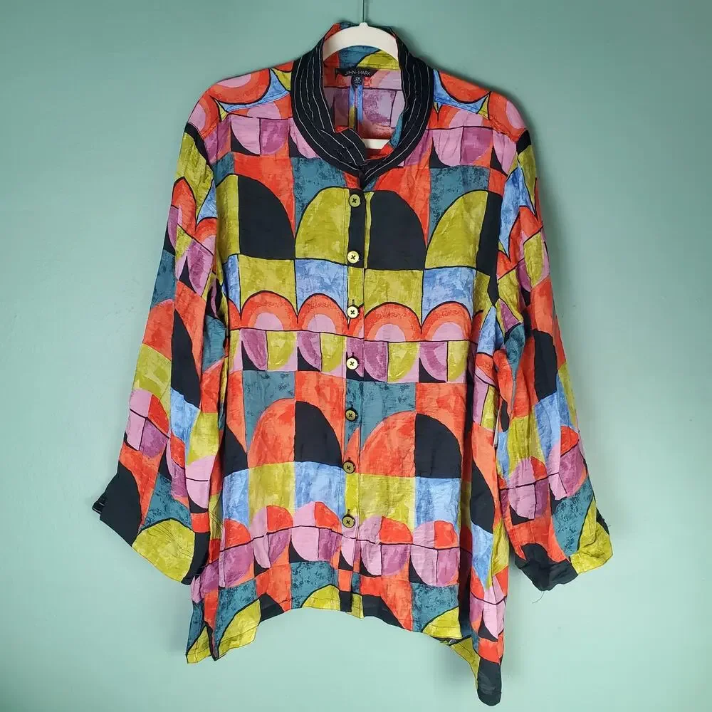John Mark Artsy Boho LS Button Tunic Top Colorful Abstract Blouse Lagenlook 2X